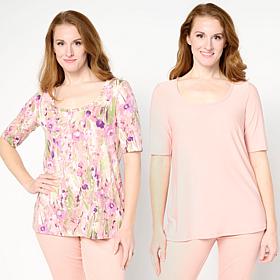 Nina Leonard 2-pack Stretch Knit Elbow-Sleeve Scoop Neck Tops