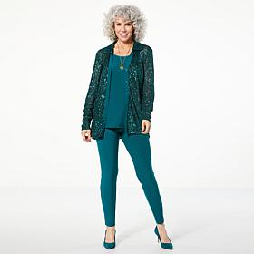 Nina Leonard 3-piece Sequined Button-Front Top, Tank and Pant Set