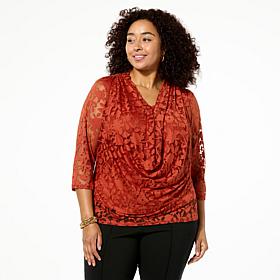 Nina Leonard 3/4-Sleeve Drape Neck Burnout Top