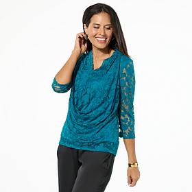 Nina Leonard 3/4-Sleeve Drape Neck Burnout Top