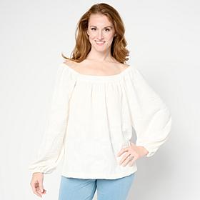 Nina Leonard Balloon-Sleeve Wave Textured Square-Neck Top