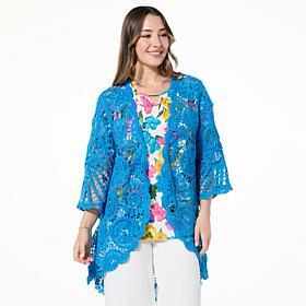 Nina Leonard Bell-Sleeve Open Front Crochet Cardigan