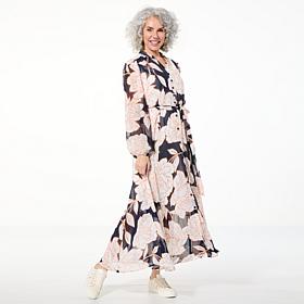 Nina Leonard Collared Button Front Chiffon Maxi Dress