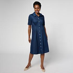 Nina Leonard Collared Button-Front Denim Knit Elbow Sleeve Shirt Dress