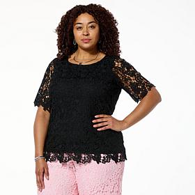 Nina Leonard Elbow Sleeve Lace Top