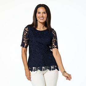 Nina Leonard Elbow Sleeve Lace Top