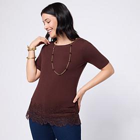 Nina Leonard Elbow-Sleeve Scoop-Neck Sweater