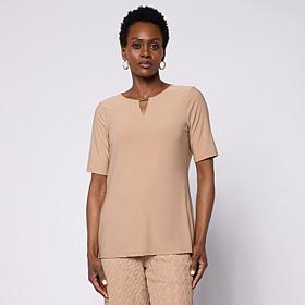 Nina Leonard Elbow-Sleeve Top with Notch Neck