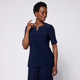 Nina Leonard Elbow-Sleeve Top with Notch Neck