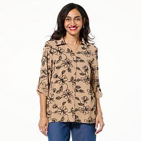 Nina Leonard Embroidered Button Front Blouse