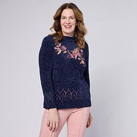 Nina Leonard Embroidered Long-Sleeve Chenille Sweater