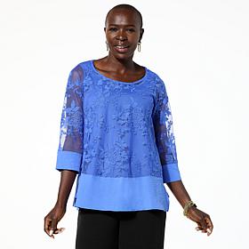 Nina Leonard Embroidered Mesh Knit 3/4-Sleeve Tunic