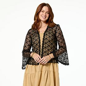 Nina Leonard Floral Crochet Bell-Sleeve Open Front Cardigan
