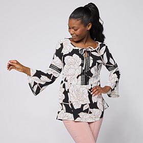 Nina Leonard Floral Printed Textured Wave Blouse