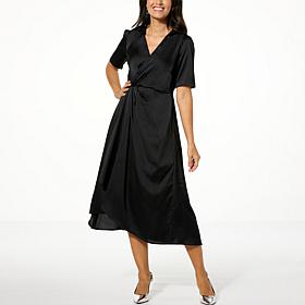 Nina Leonard Hammered Satin Drape-Front Dress