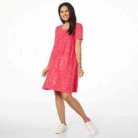 Nina Leonard Jacquard Scoop Neck Elbow Sleeve Trapeze Dress