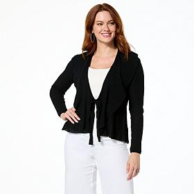 Nina Leonard Long Sleeve Ruffle Front Knit Cardigan