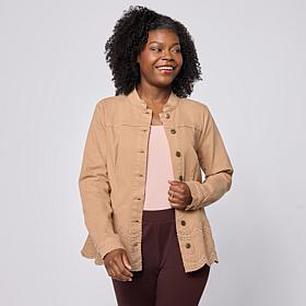 Nina Leonard Mandarin Collar Denim Jacket w/Scalloped Embroidery Hem