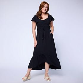 Nina Leonard Midi Length Smocked Flutter Sleeve Dress