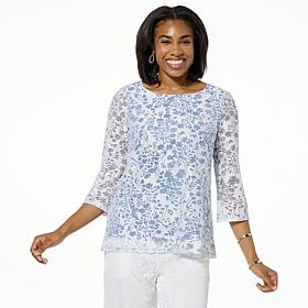 Nina Leonard Novelty Burnout 3/4 Sleeve Round Neck Top