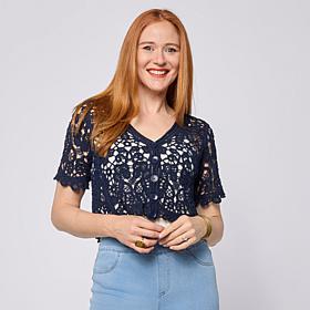Nina Leonard Open Crochet Elbow-Sleeve Bolero Top