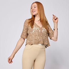Nina Leonard Open Crochet Elbow-Sleeve Bolero Top