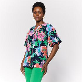 Nina Leonard Print Textured Wave Bubble-Sleeve Shirt