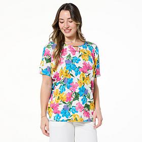 Nina Leonard Printed Crinkle Knit Dolman Top