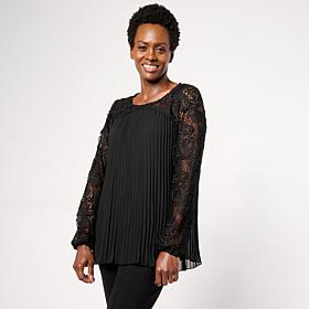 Nina Leonard Round Neck Pleat Chiffon Top