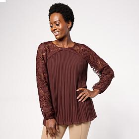 Nina Leonard Round Neck Pleat Chiffon Top