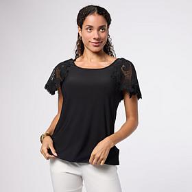 Nina Leonard Round Neck Top with Lace Flutter Sleeve