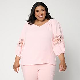 Nina Leonard Textured Wave Balloon Sleeve V-Neck Top