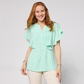 Nina Leonard Textured Wave Flutter-Sleeve Mandarin Collar Blouse