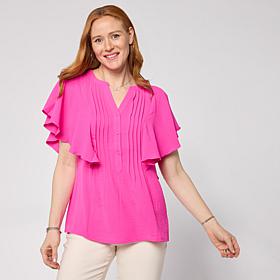 Nina Leonard Textured Wave Flutter-Sleeve Mandarin Collar Blouse