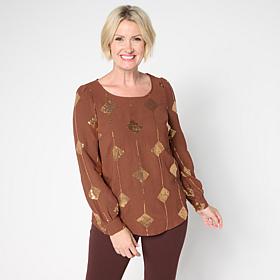 Nina Leonard Textured Wave Sequined Balloon Sleeve Top