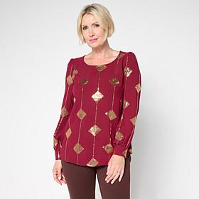 Nina Leonard Textured Wave Sequined Balloon Sleeve Top