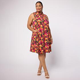Nina Leonard Textured Wave Sleeveless Collared Shirtdress