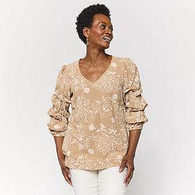 Nina Leonard V-Neck 3/4 Pick-Up Sleeve Printed Top