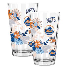 Official MLB Flower-Design & Logo 16 oz. Pint Glass 2pk- New York Mets