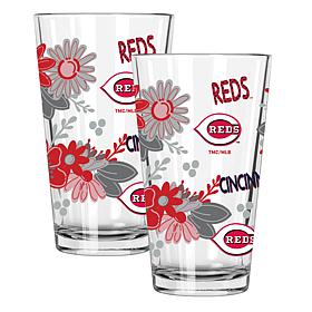 Official MLB Flower-Design & Logo 16oz Pint Glass 2pk- Cincinnati Reds
