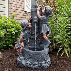 Outdoor Water Fountain With Boy and Girl By Nature Spring - Bronze