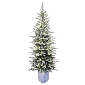 Puleo International 7.5' Lit Potted Flocked Artificial Christmas Tree