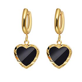 Stately Steel Black Mother-of-Pearl Hoop Heart Drop Earrings