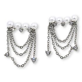 Stately Steel CZ and Simulated Pearl Chain Dangle Earrings