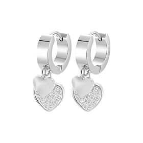 Stately Steel Double Heart CZ Charm Huggie Earrings