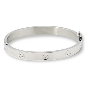 Stately Steel Hugs & Kisses CZ Accent Hinged Bangle Bracelet