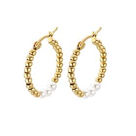 Stately Steel Stainless Steel Simulated Pearl Bead Hoop Earrings