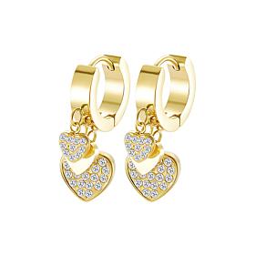 Stately Steel Triple Heart CZ Charm Huggie Earrings