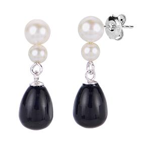 Sterling Silver 3-5.5mm Cultured Pearl and Onyx Drop Earrings