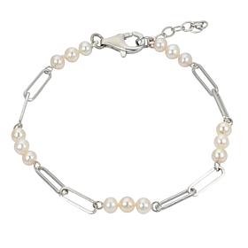 Sterling Silver 4-4.5mm Cultured Pearl Paperclip Chain 7" Bracelet